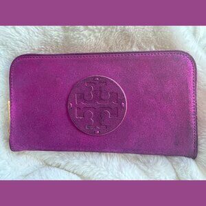 NEW NWT TORY BURCH ZIP CONTINENTAL ZIP AROUND WALLET LEATHER SUEDE FUCHSIA $195